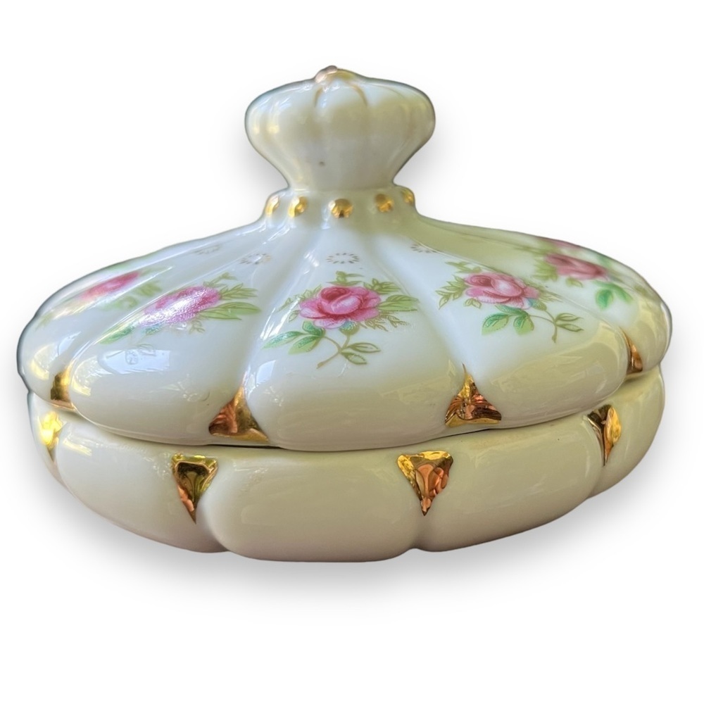 Vintage Japan Rose & Gold Handmade Lidded Dresser Jar - Picture 4 of 14